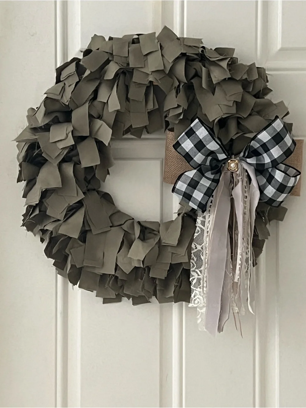 Farmhouse Neutral green  Rag Wreath with Black Buffalo Check Bow - Home